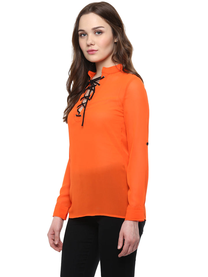 Orange-Poly-Georgette-Black-Lace-Up-Top