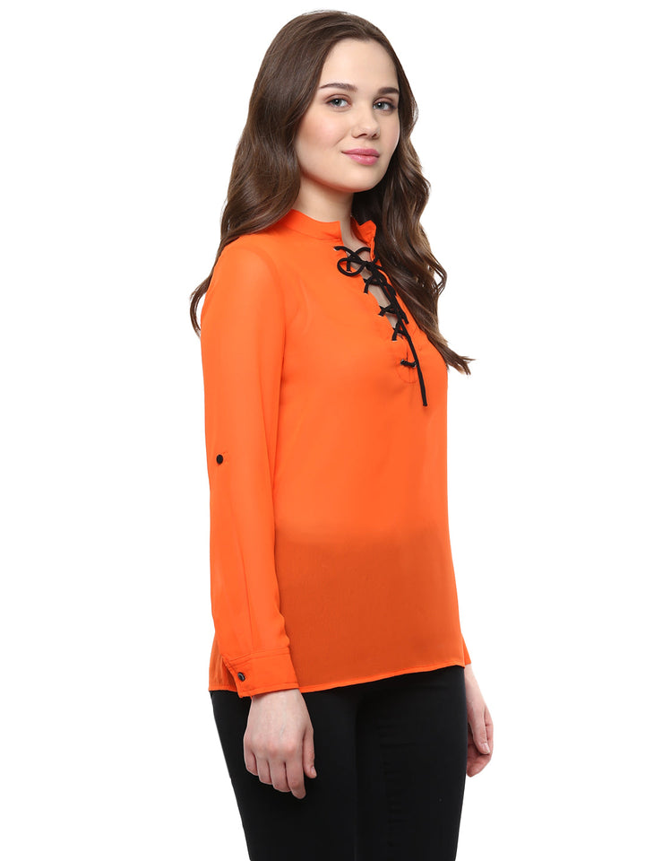 Orange-Poly-Georgette-Black-Lace-Up-Top