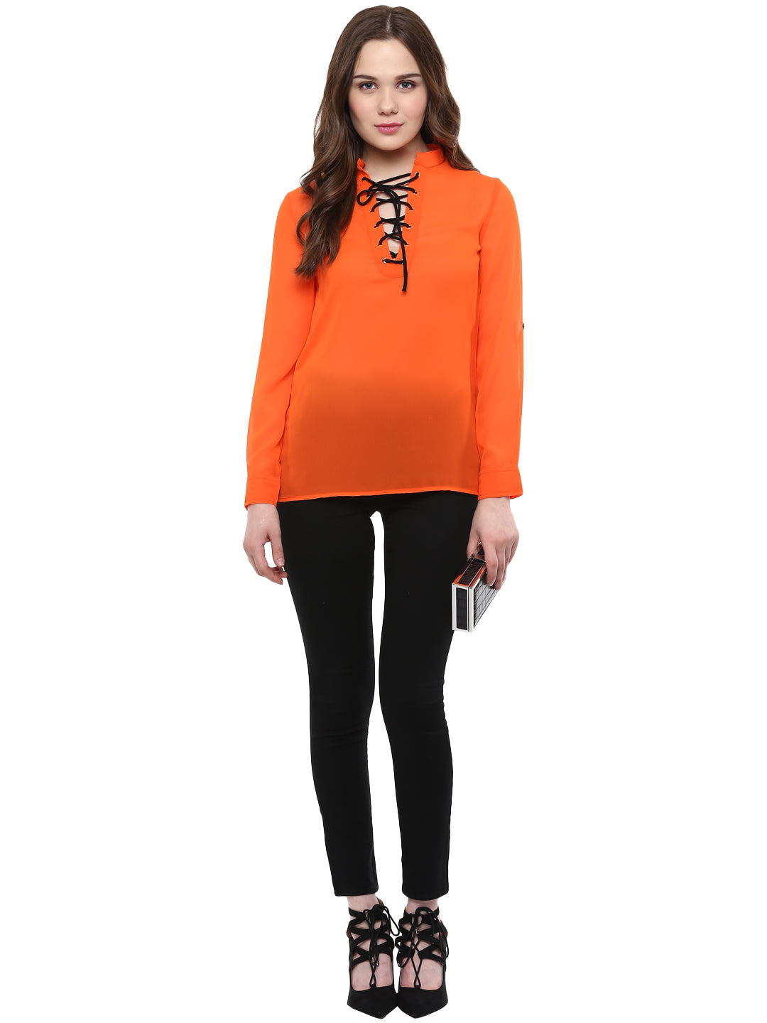 Orange-Poly-Georgette-Black-Lace-Up-Top