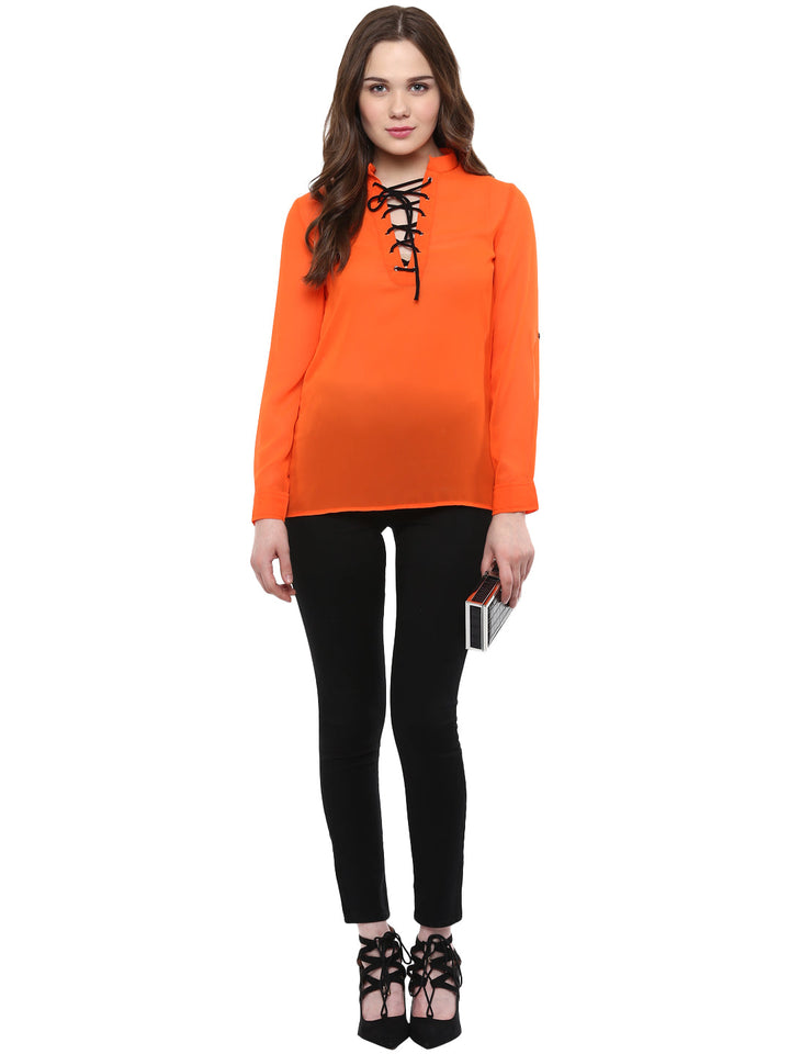 Orange-Poly-Georgette-Black-Lace-Up-Top