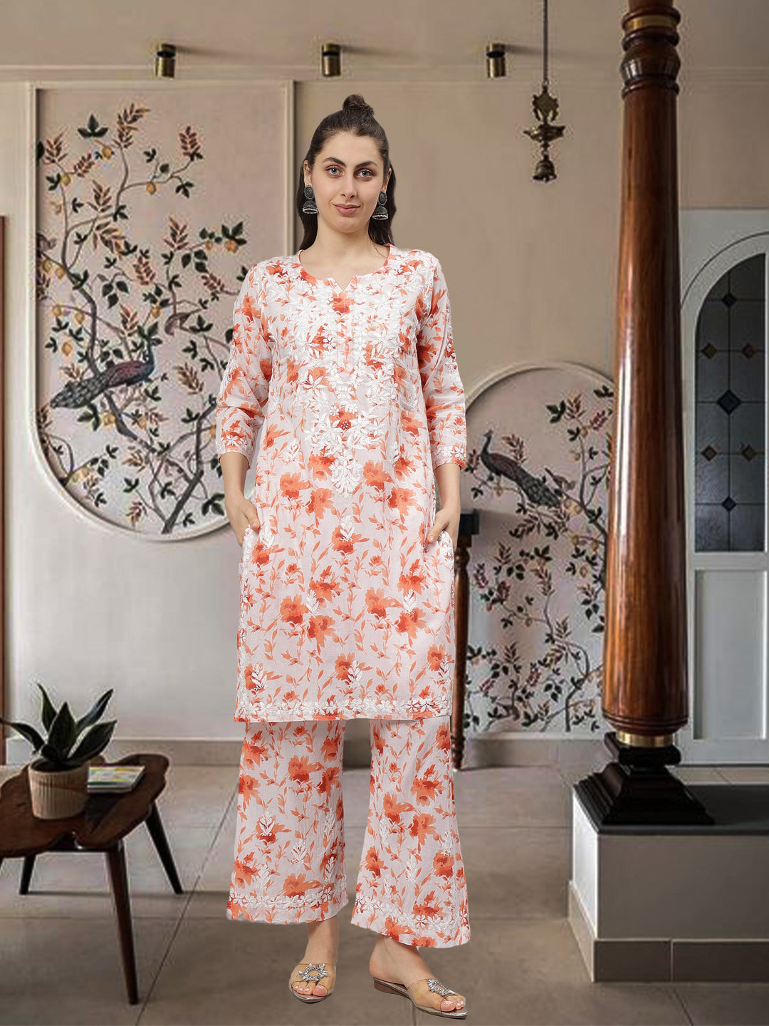 Orange-&-Red-Cotton-Lucknowi-Chikankari-Kurta-with-Pant-Set