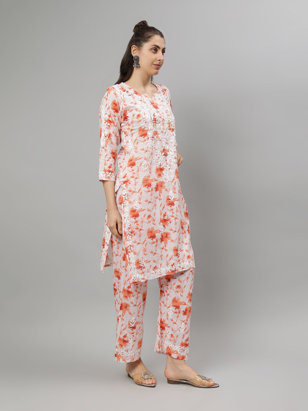Orange-&-Red-Cotton-Lucknowi-Chikankari-Kurta-with-Pant-Set