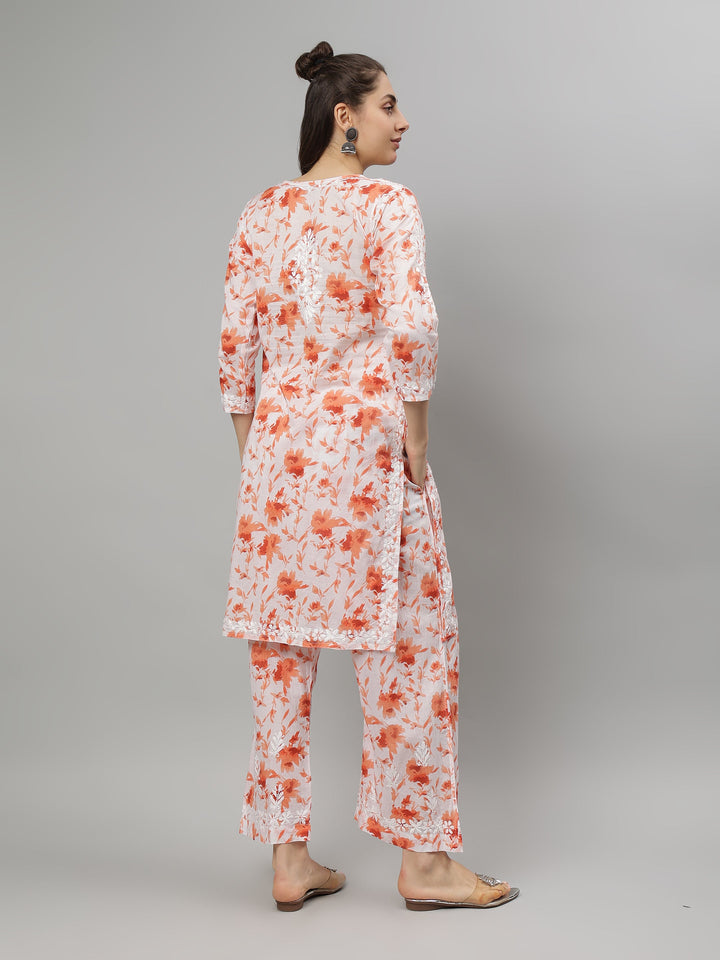 Orange-&-Red-Cotton-Lucknowi-Chikankari-Kurta-with-Pant-Set