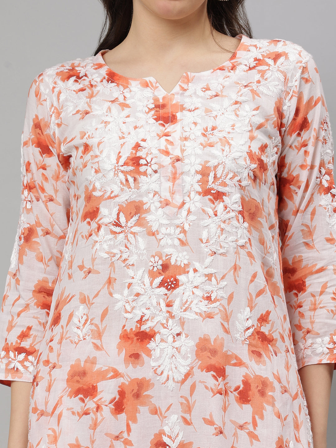 Orange-&-Red-Cotton-Lucknowi-Chikankari-Kurta-with-Pant-Set