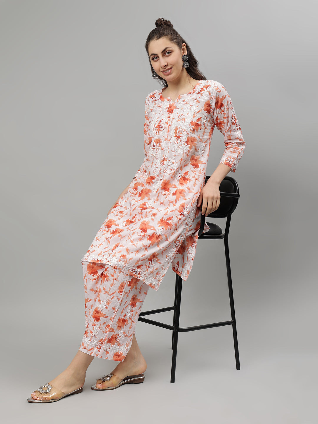 Orange-&-Red-Cotton-Lucknowi-Chikankari-Kurta-with-Pant-Set