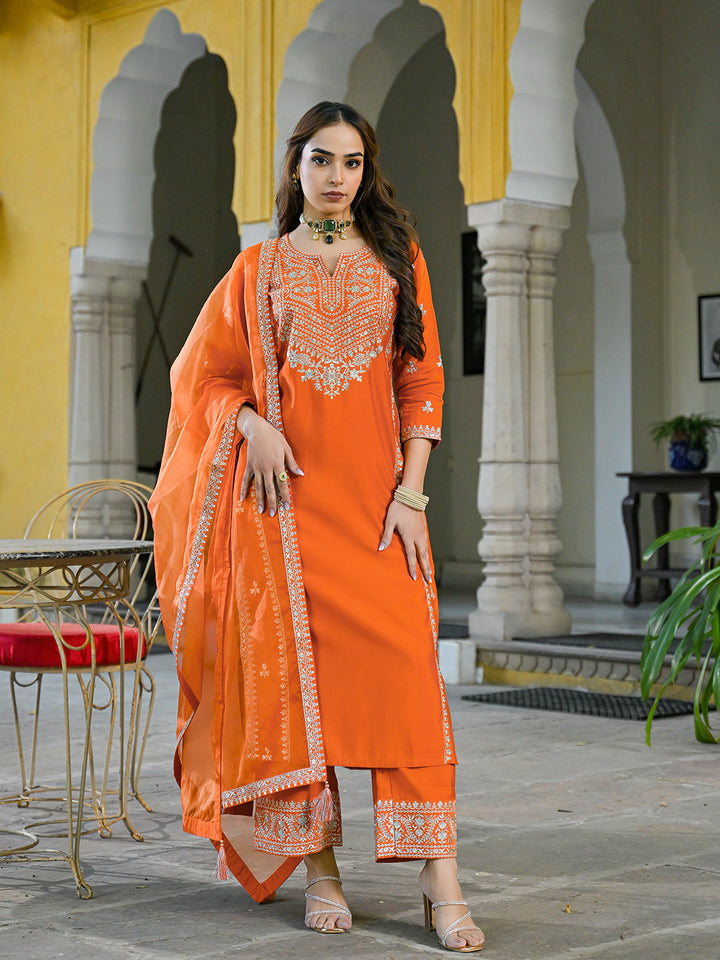 Orange-Silk-Blend-Solid-Embroidered-3-Piece-Kurta-Set