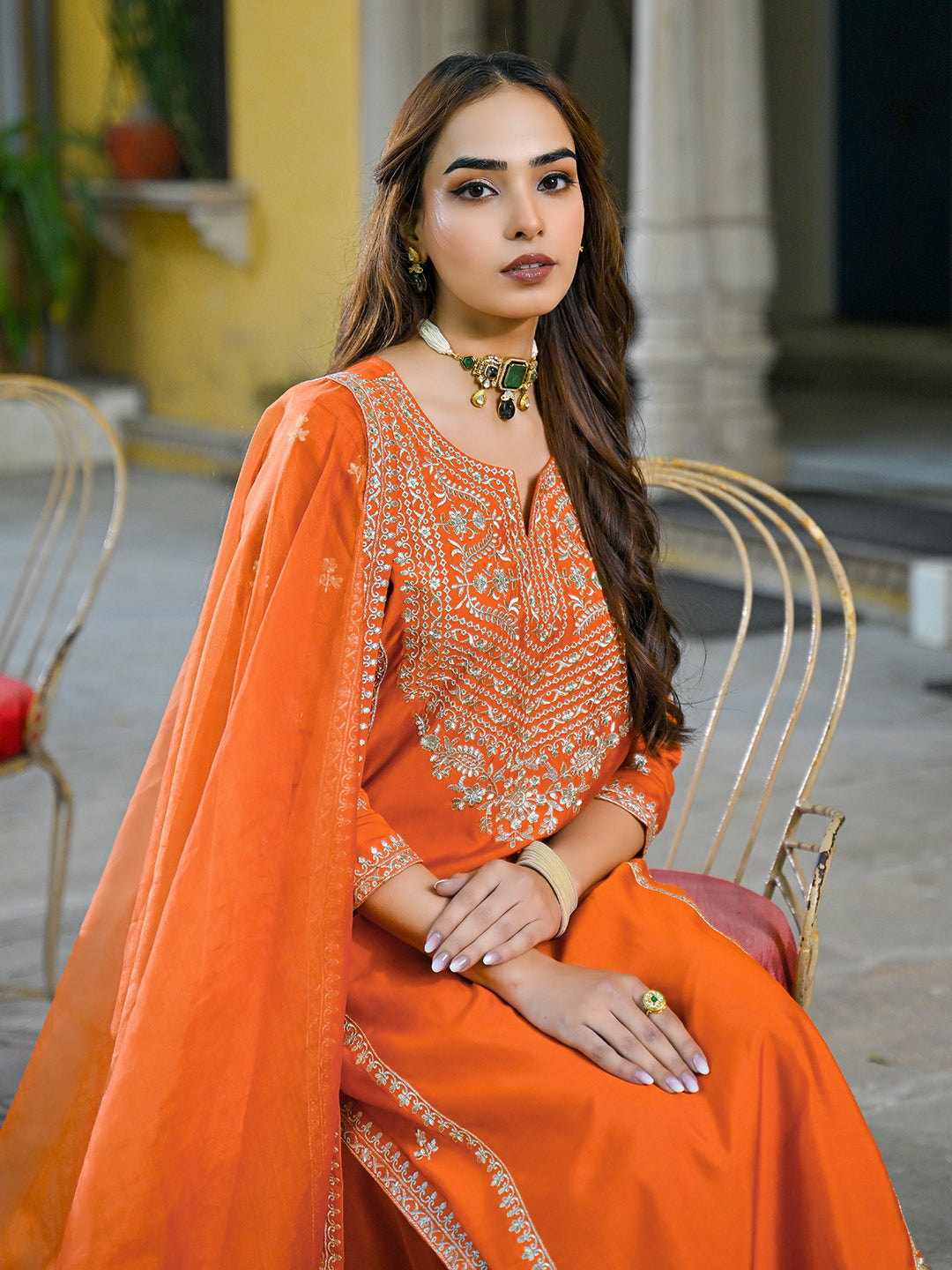 Orange-Silk-Blend-Solid-Embroidered-3-Piece-Kurta-Set