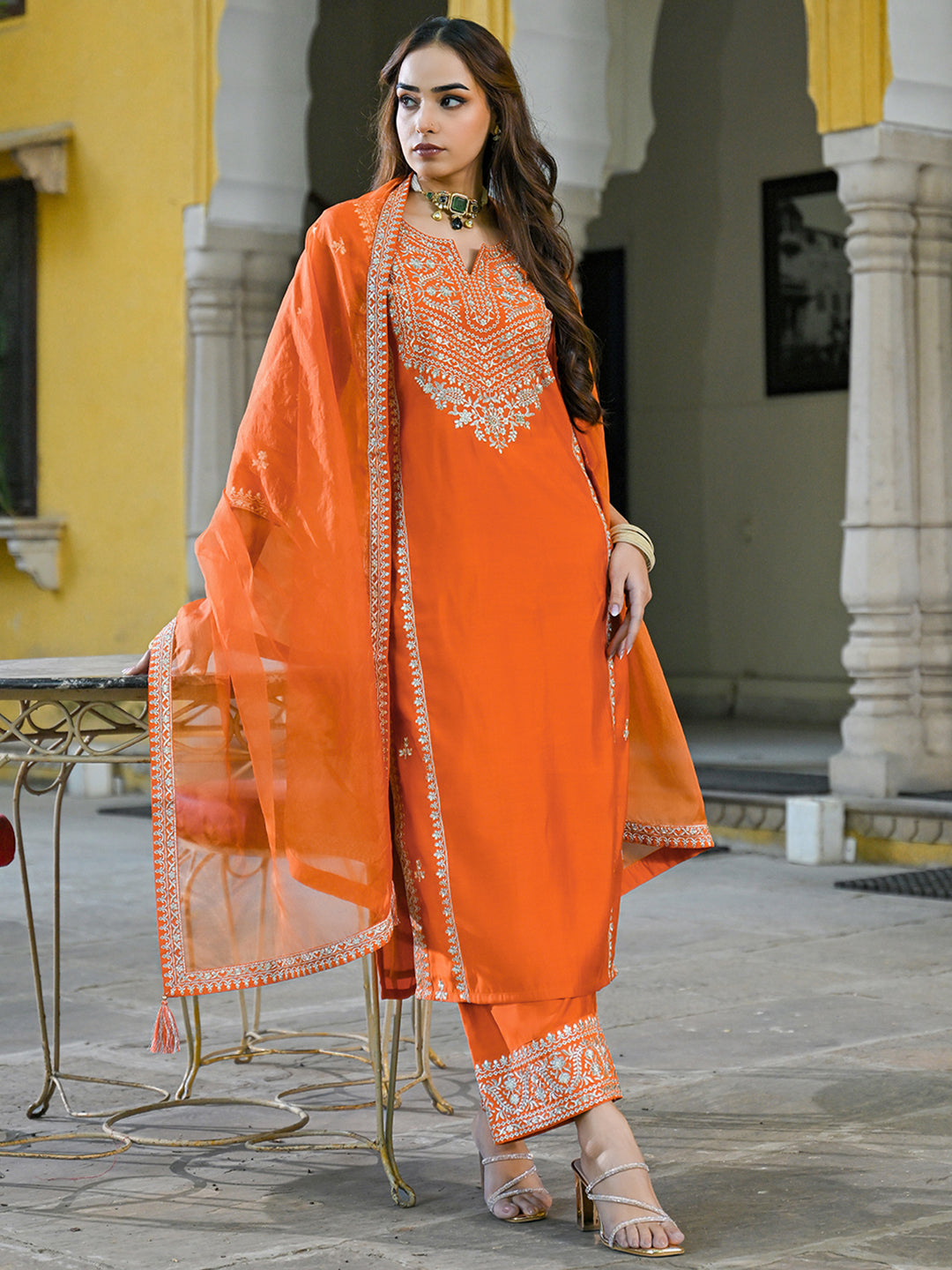 Orange-Silk-Blend-Solid-Embroidered-3-Piece-Kurta-Set