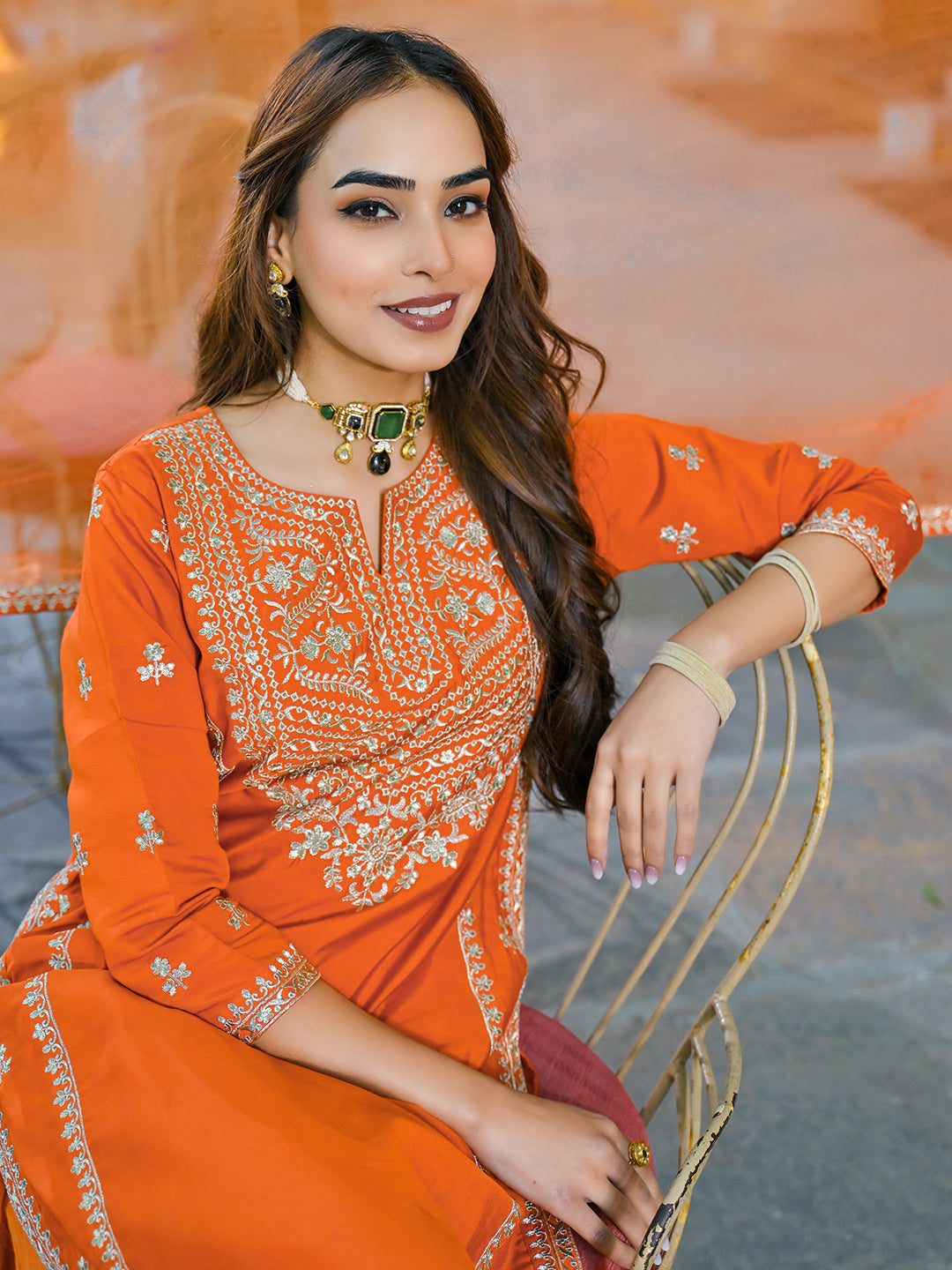Orange-Silk-Blend-Solid-Embroidered-3-Piece-Kurta-Set