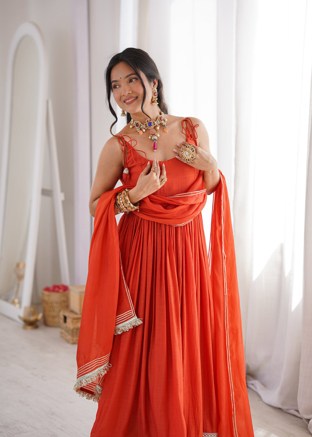 Orange Strappy Anarkali Suit Set