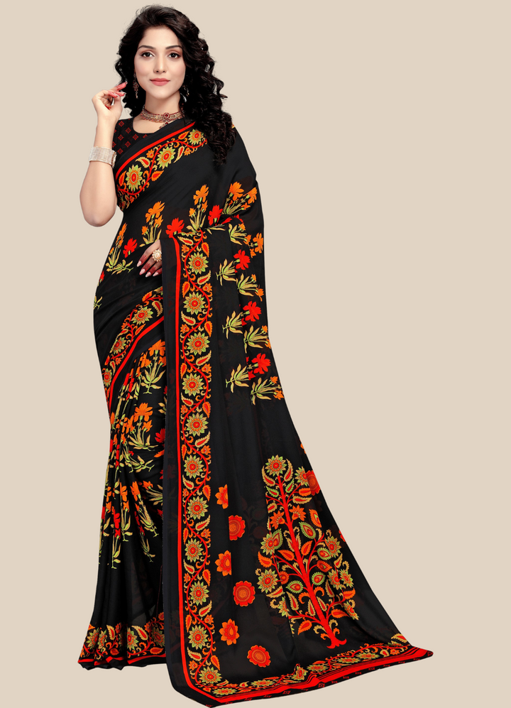 Black Georgette Printed Classy Saree