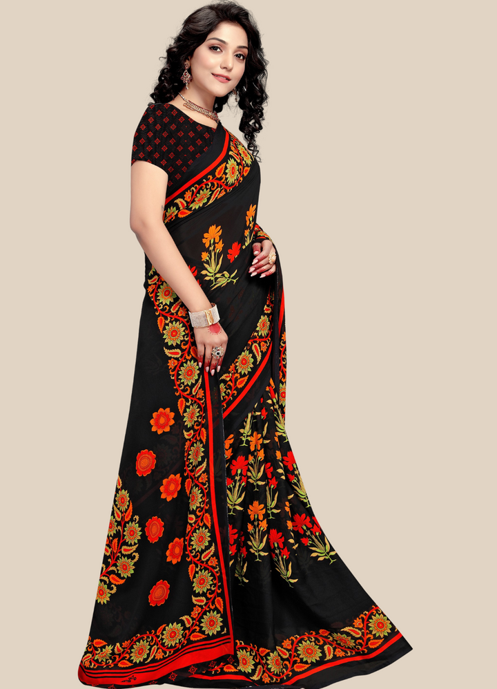 Black Georgette Printed Classy Saree