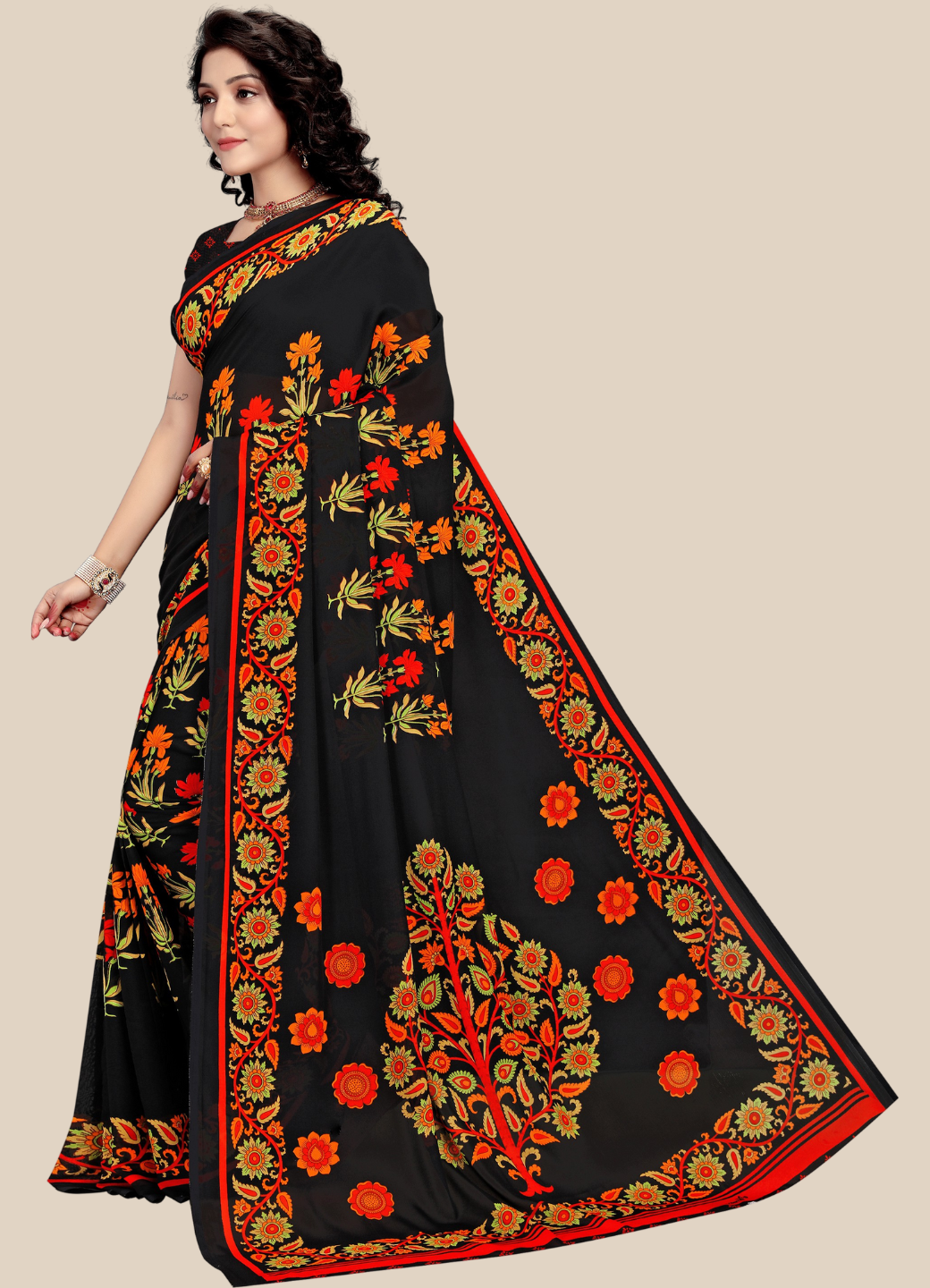 Black Georgette Printed Classy Saree