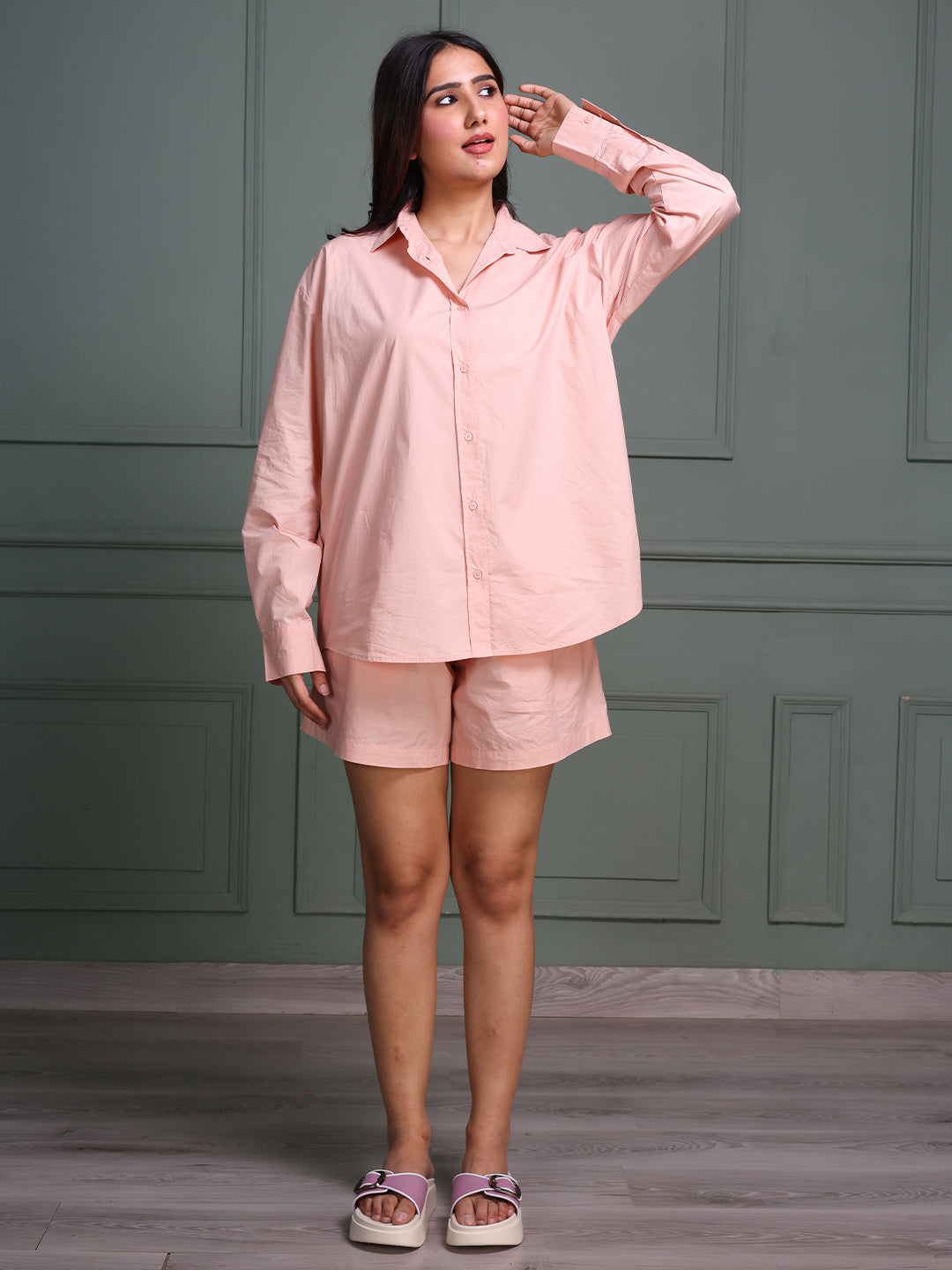 Blush-Pink-Cotton-Shirt-With-Shorts-Co-Ord-Set