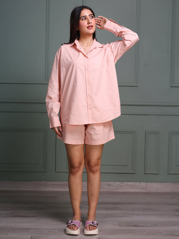 Blush-Pink-Cotton-Shirt-With-Shorts-Co-Ord-Set