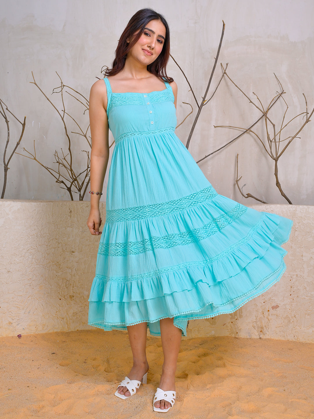 Turquoise-Cotton-Sleeveless-Tiered-Midi-Dress