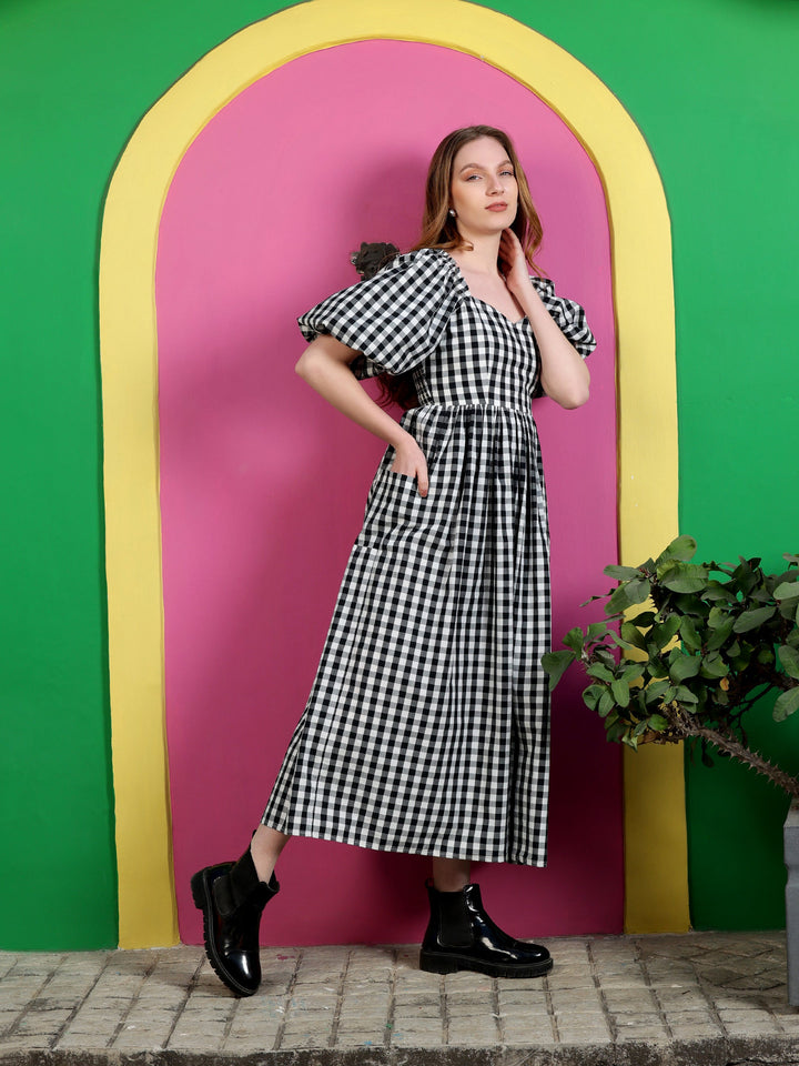 Black-Cotton-Gingham-Check-Midi-Dress