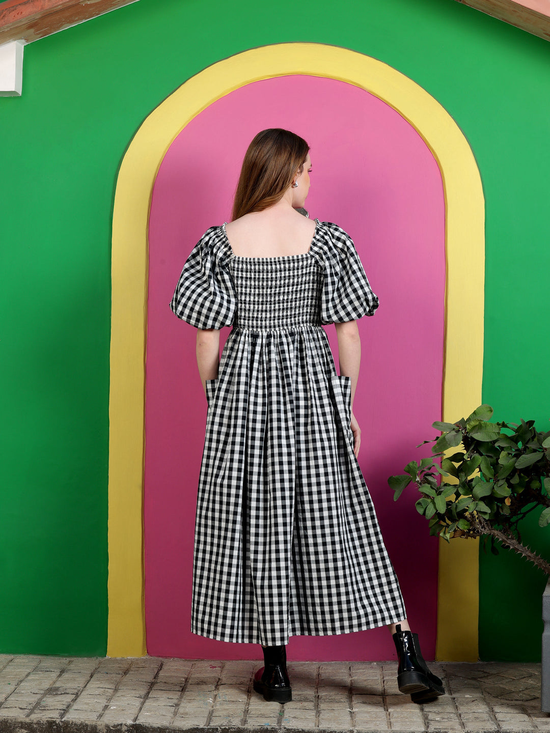 Black-Cotton-Gingham-Check-Midi-Dress