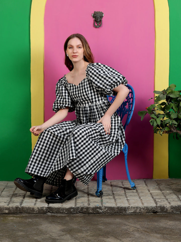 Black-Cotton-Gingham-Check-Midi-Dress