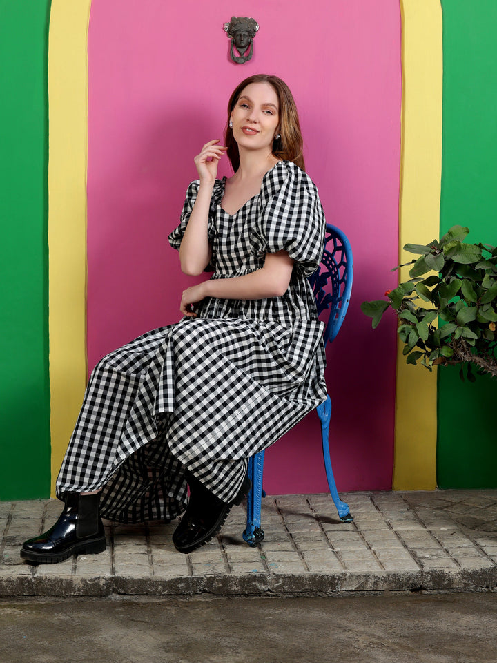 Black-Cotton-Gingham-Check-Midi-Dress