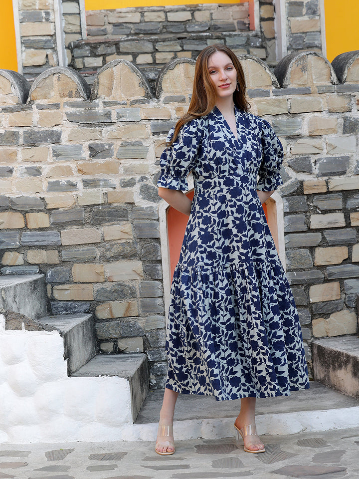Indigo-Cotton-Printed-Fit-&-Flare-Midi-Dress