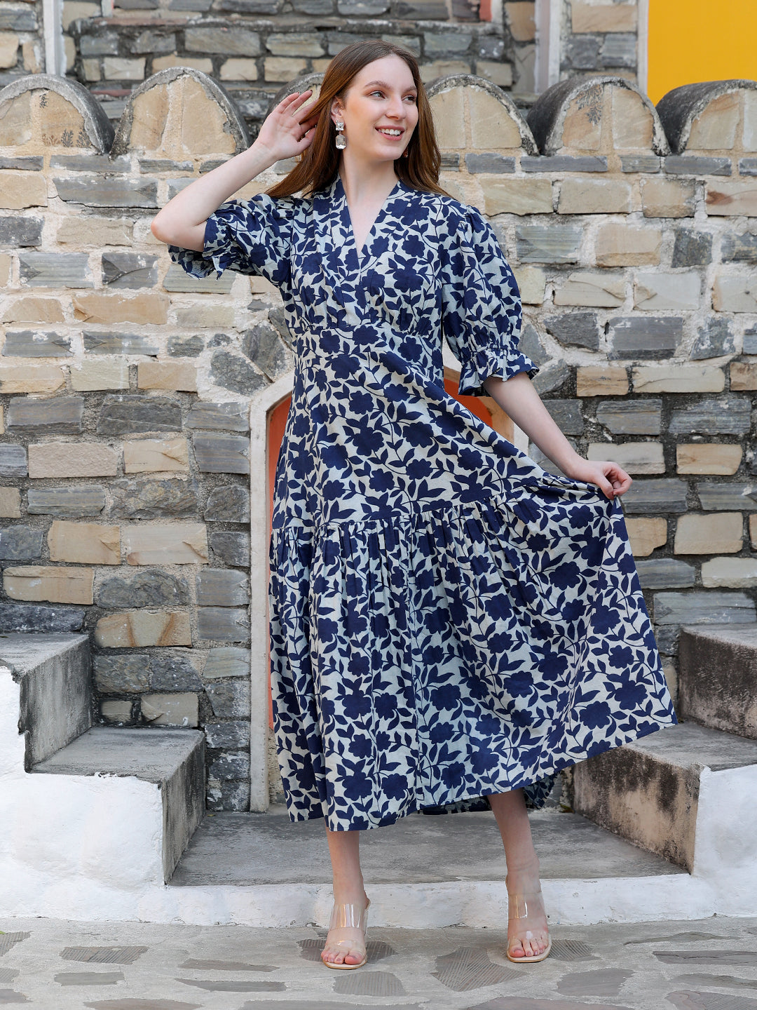 Indigo-Cotton-Printed-Fit-&-Flare-Midi-Dress