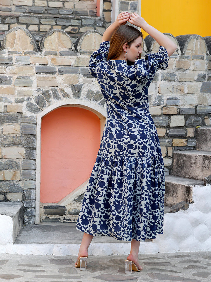 Indigo-Cotton-Printed-Fit-&-Flare-Midi-Dress