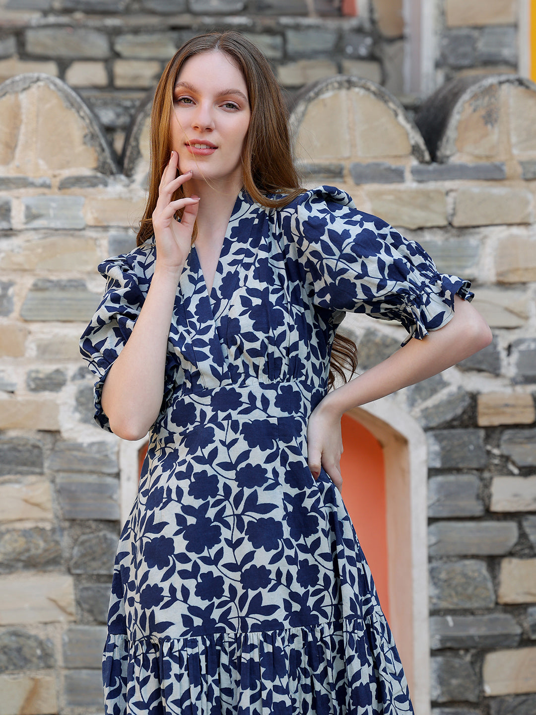 Indigo-Cotton-Printed-Fit-&-Flare-Midi-Dress