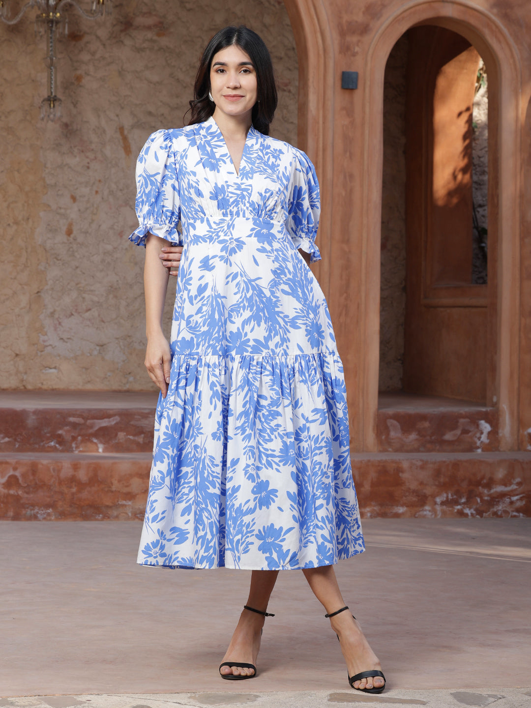 Blue-Cotton-Floral-Tiered-Maxi-Dress