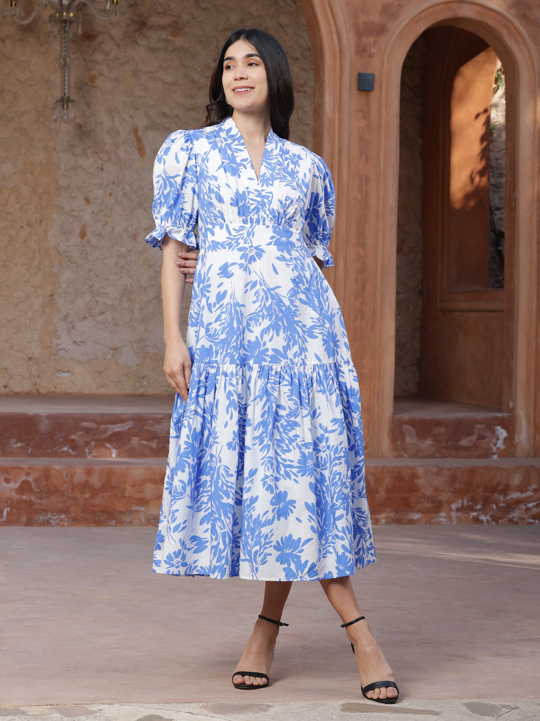 Blue-Cotton-Floral-Tiered-Maxi-Dress
