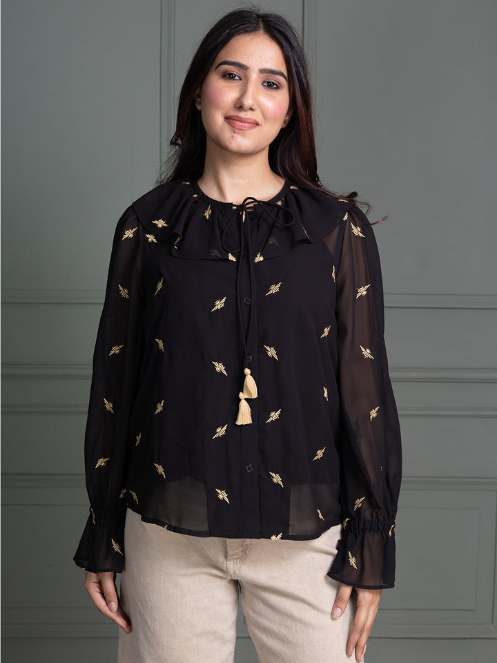 Black-Cotton-Animal-Print-Embroidered-Top
