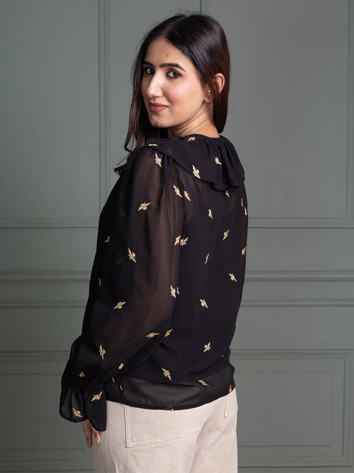 Black-Cotton-Animal-Print-Embroidered-Top
