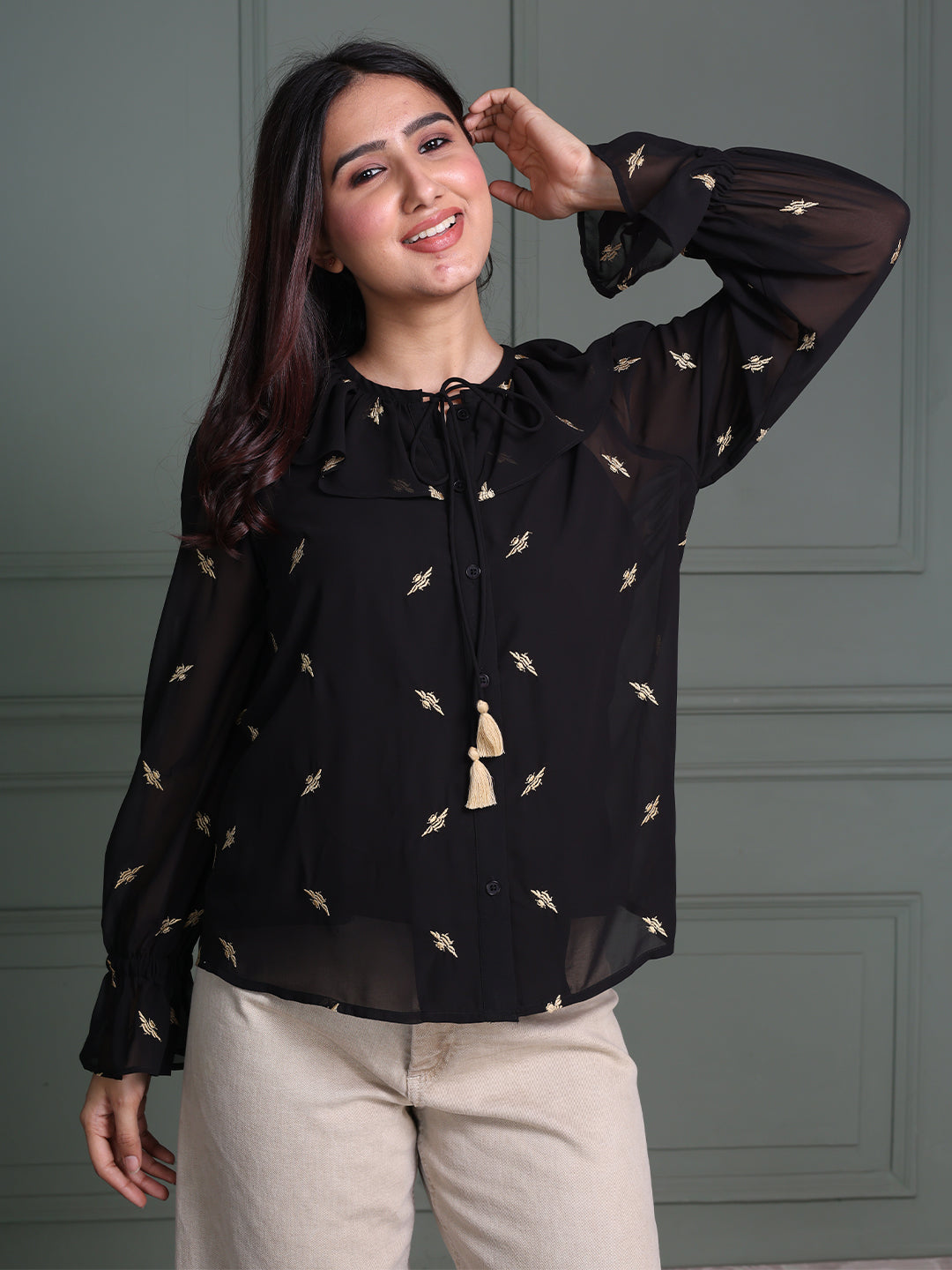 Black-Cotton-Animal-Print-Embroidered-Top