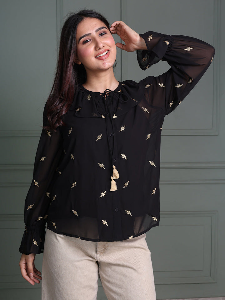 Black-Cotton-Animal-Print-Embroidered-Top