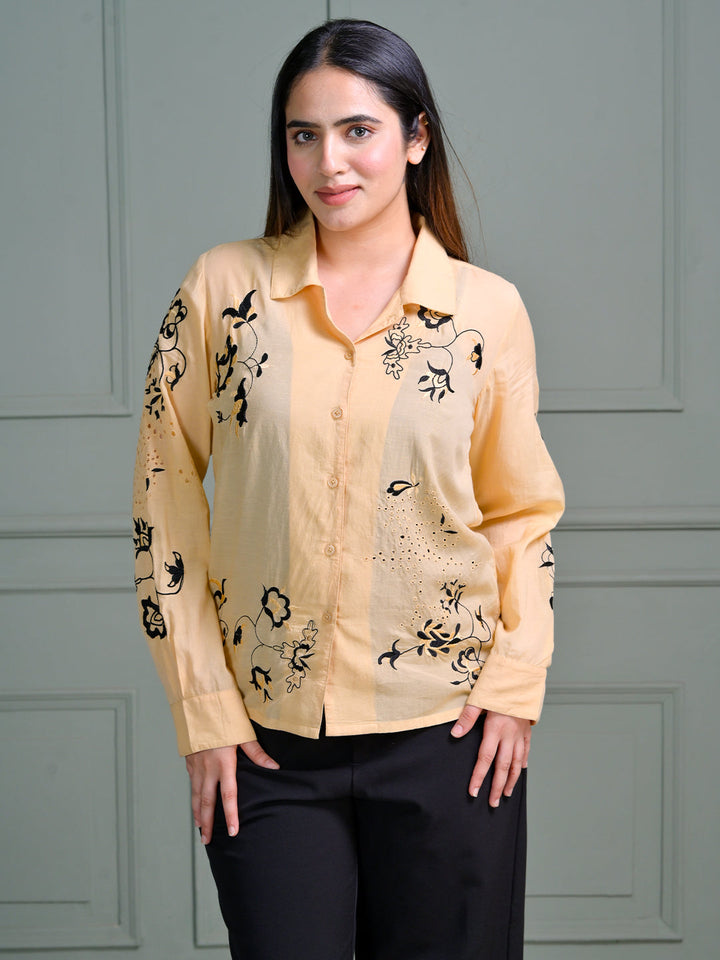 Beige-Cotton-Floral-Print-Collar-Top