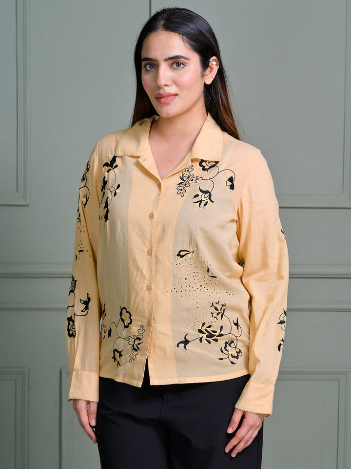 Beige-Cotton-Floral-Print-Collar-Top