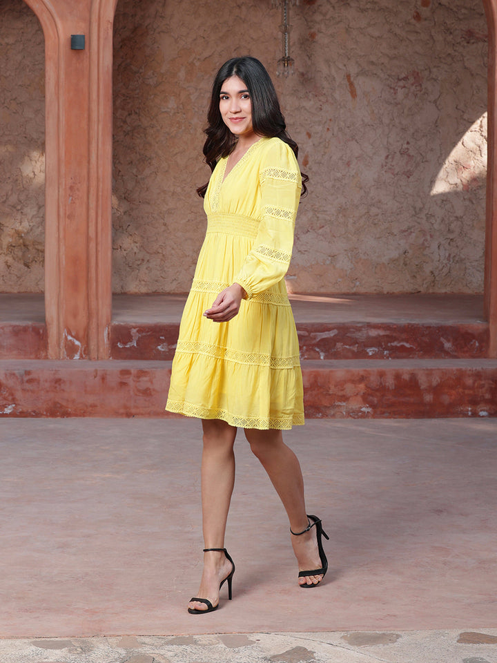 Yellow-Cotton-Lace-Insert-Midi-Dress