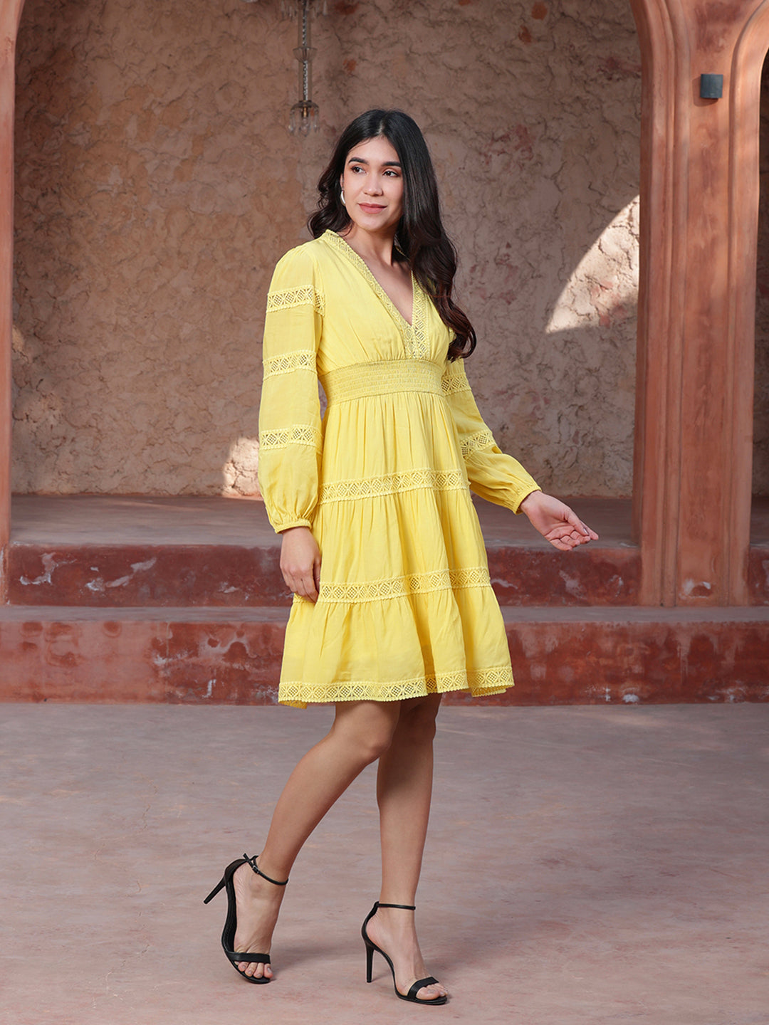 Yellow-Cotton-Lace-Insert-Midi-Dress