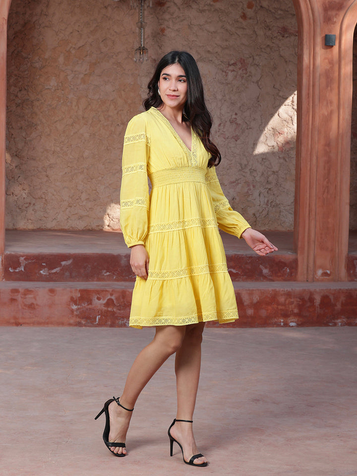 Yellow-Cotton-Lace-Insert-Midi-Dress