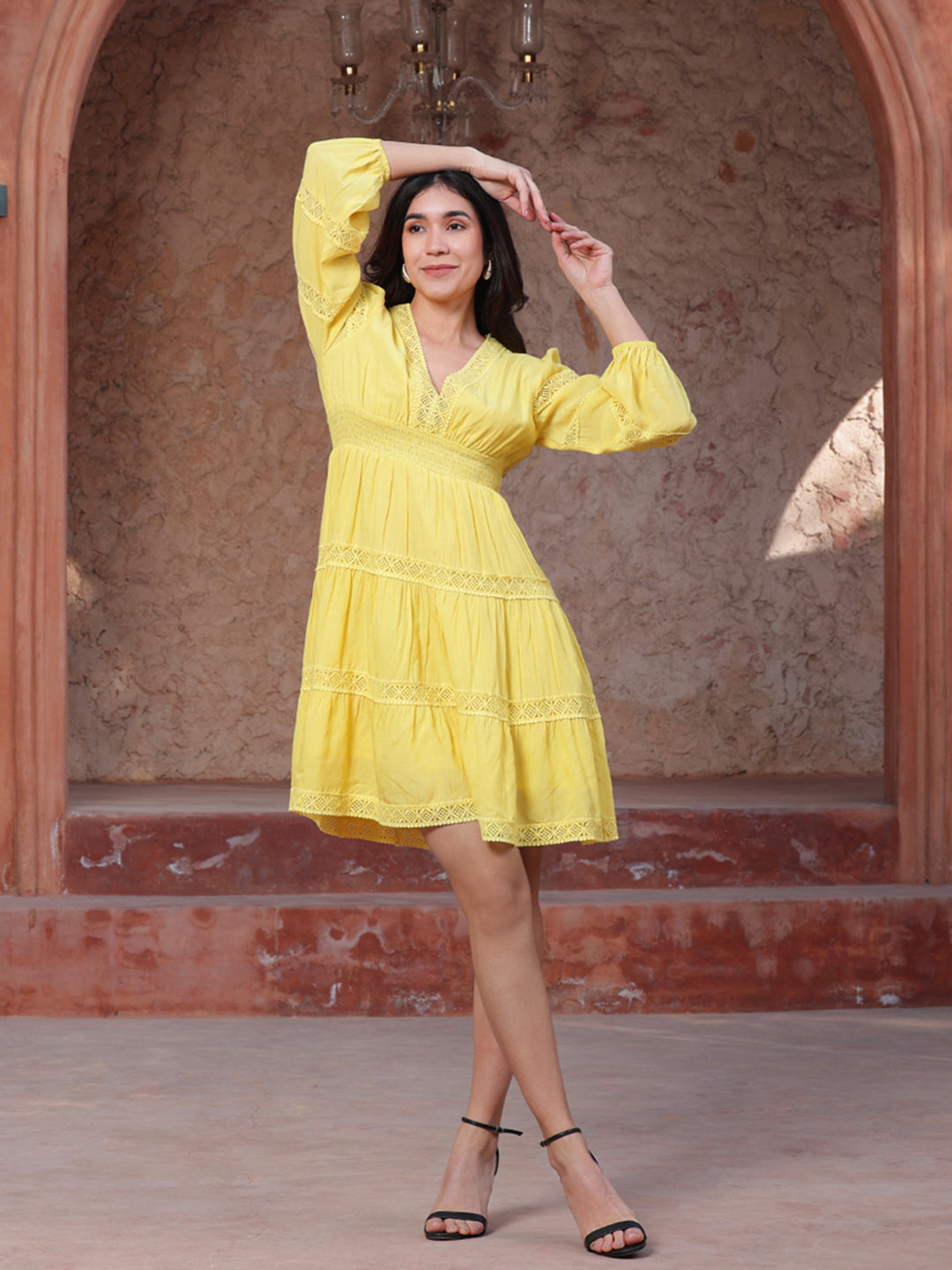 Yellow-Cotton-Lace-Insert-Midi-Dress