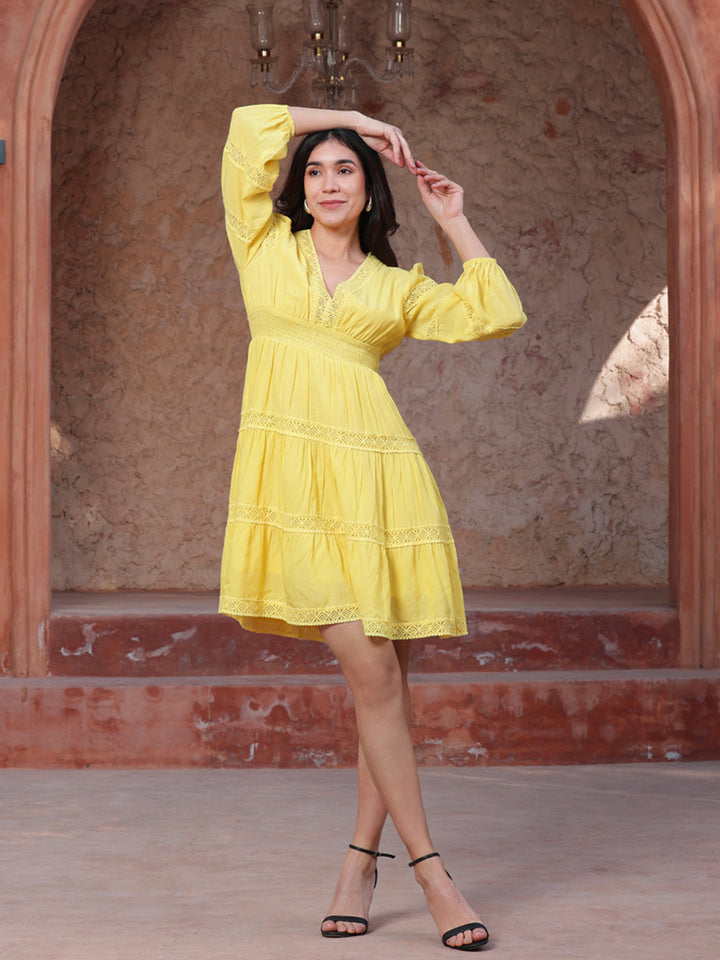 Yellow-Cotton-Lace-Insert-Midi-Dress