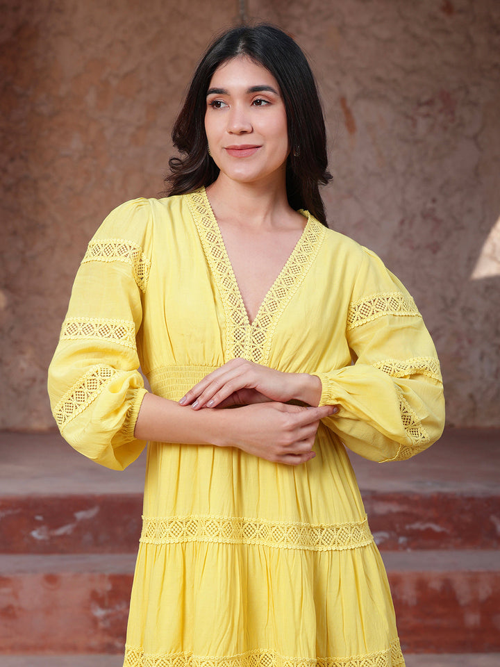 Yellow-Cotton-Lace-Insert-Midi-Dress