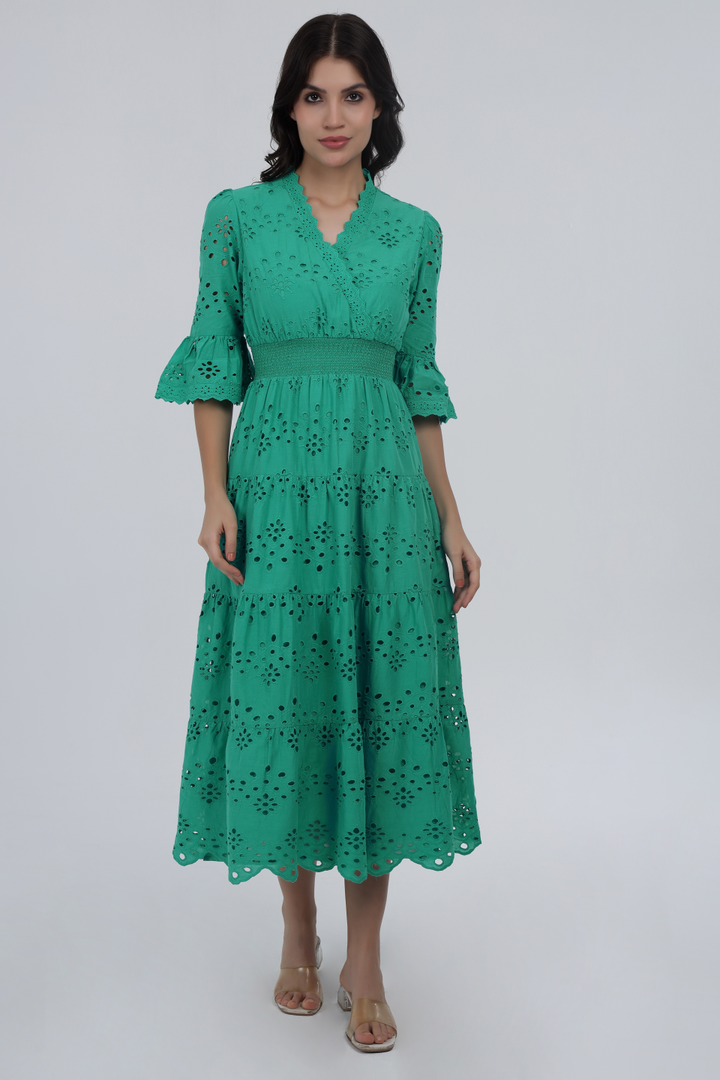 Green Cotton Schiffli Smocked Maxi Dress