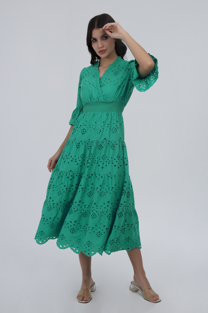 Green Cotton Schiffli Smocked Maxi Dress