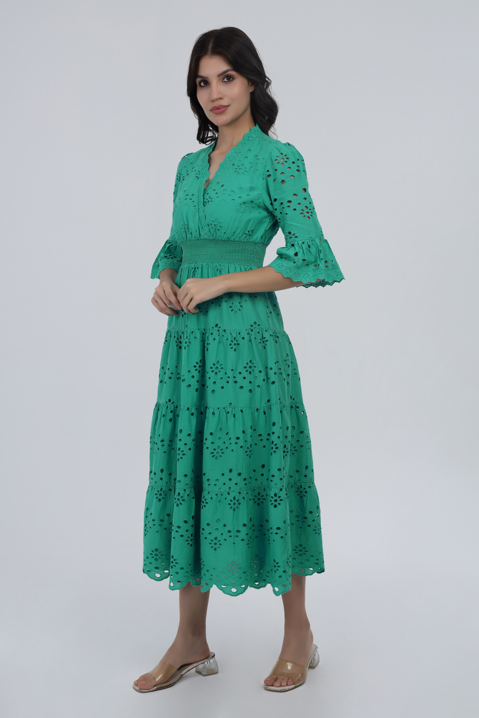 Green Cotton Schiffli Smocked Maxi Dress