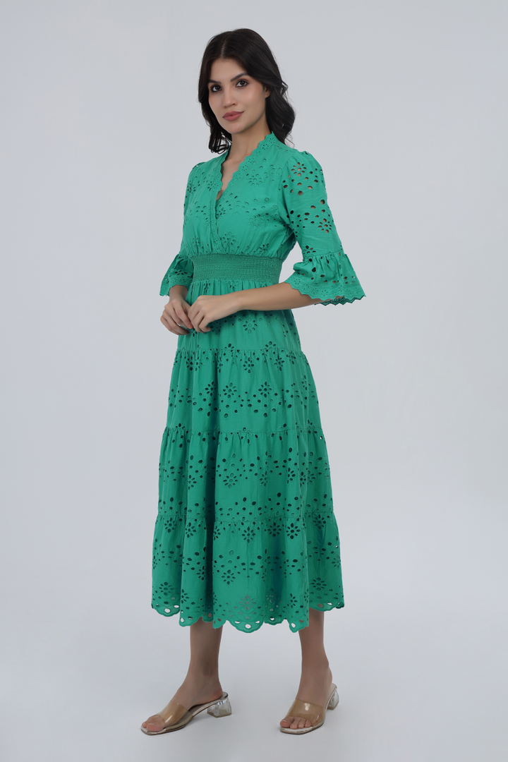 Green Cotton Schiffli Smocked Maxi Dress