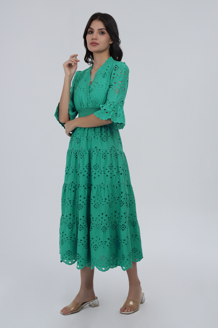 Green Cotton Schiffli Smocked Maxi Dress