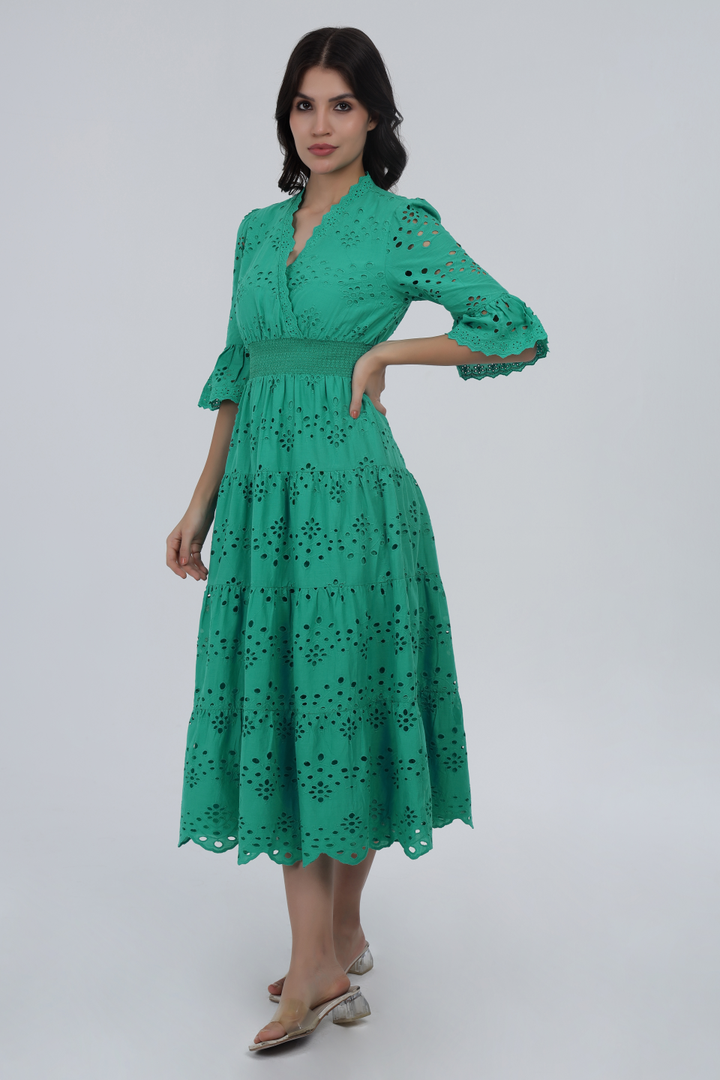 Green Cotton Schiffli Smocked Maxi Dress