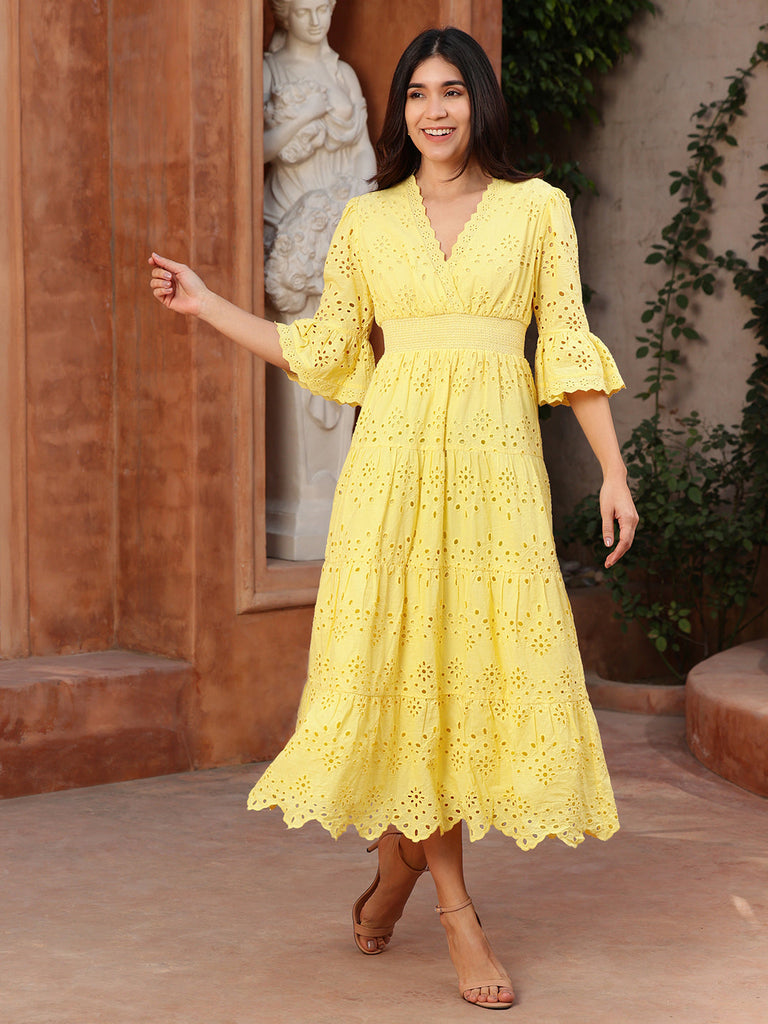 Yellow Cotton Schiffli Smocked Maxi Dress