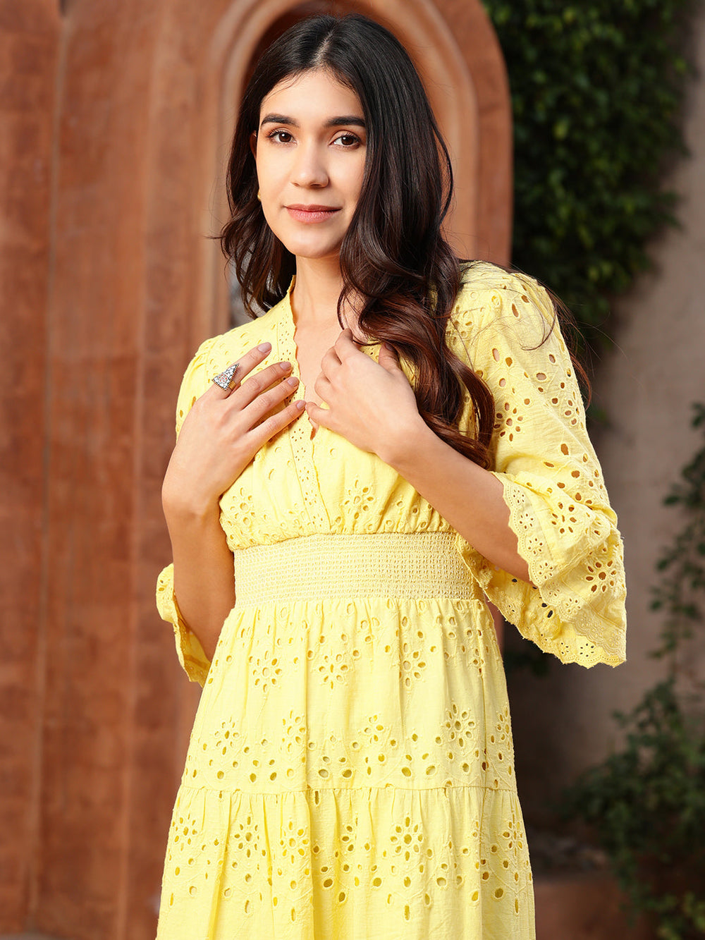 Yellow-Cotton-Schiffli-Smocked-Maxi-Dress